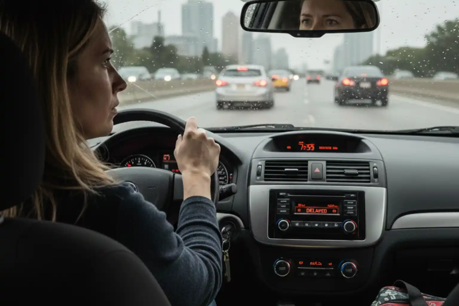 Mãe ansiosa no trânsito levando filhos à escola