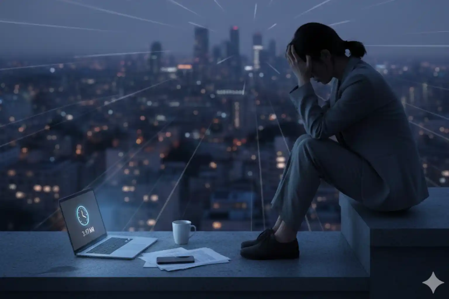 Mulher com ansiedade noturna trabalhando tarde da noite