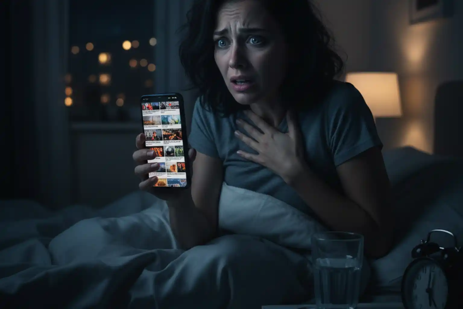 Pessoa ansiosa consumindo notícias pesadas no celular antes de dormir