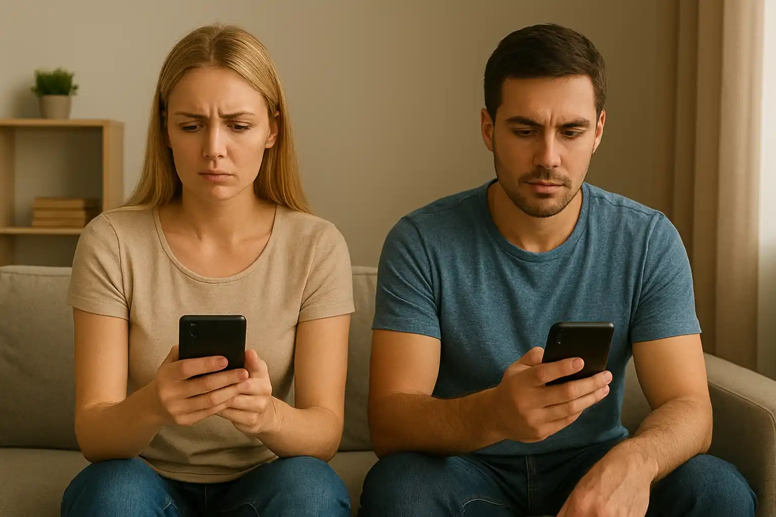 Casal usando celular e experimentando desconexão emocional